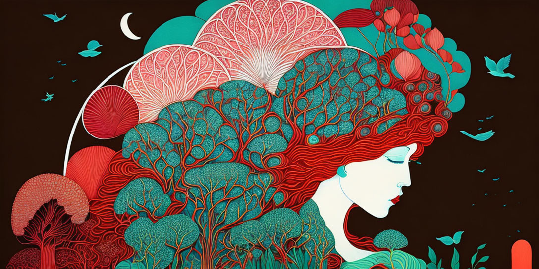 Detailed artwork of a red-haired woman surrounded by trees, mushrooms, and birds on a dark background.