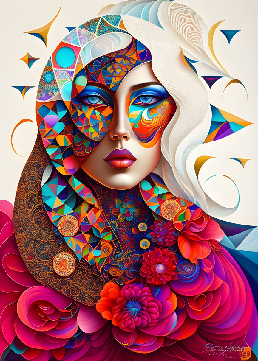 Colorful Geometric Portrait of Woman with Floral Elements