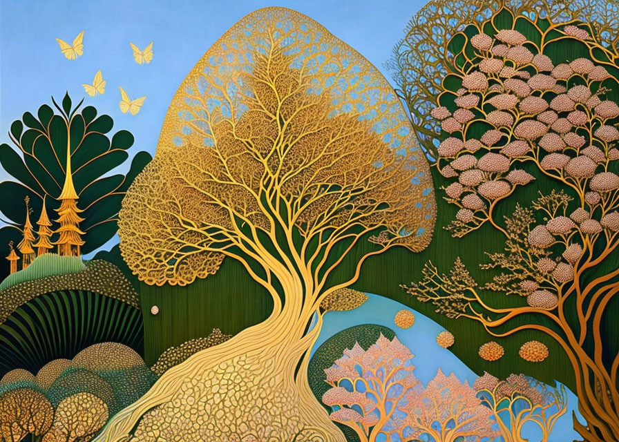 Stylized gold and green tree illustration on blue background