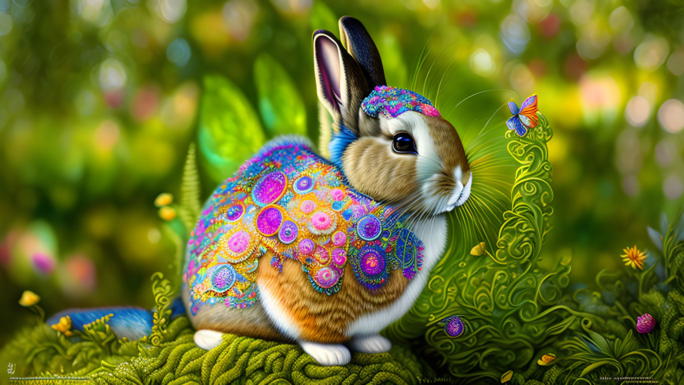 Colorful Rabbit Illustration in Lush Garden with Butterfly