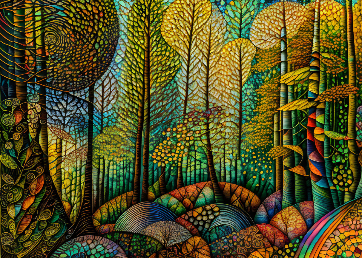 Colorful Stylized Forest Scene with Intricate Patterns and Rich Palette