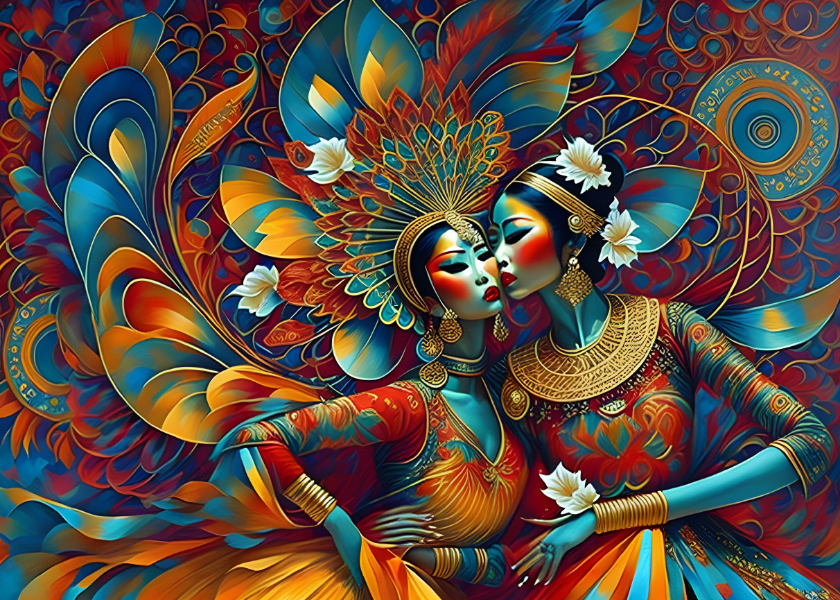 Colorful Artwork: Two Women Embracing in Ornate Attire