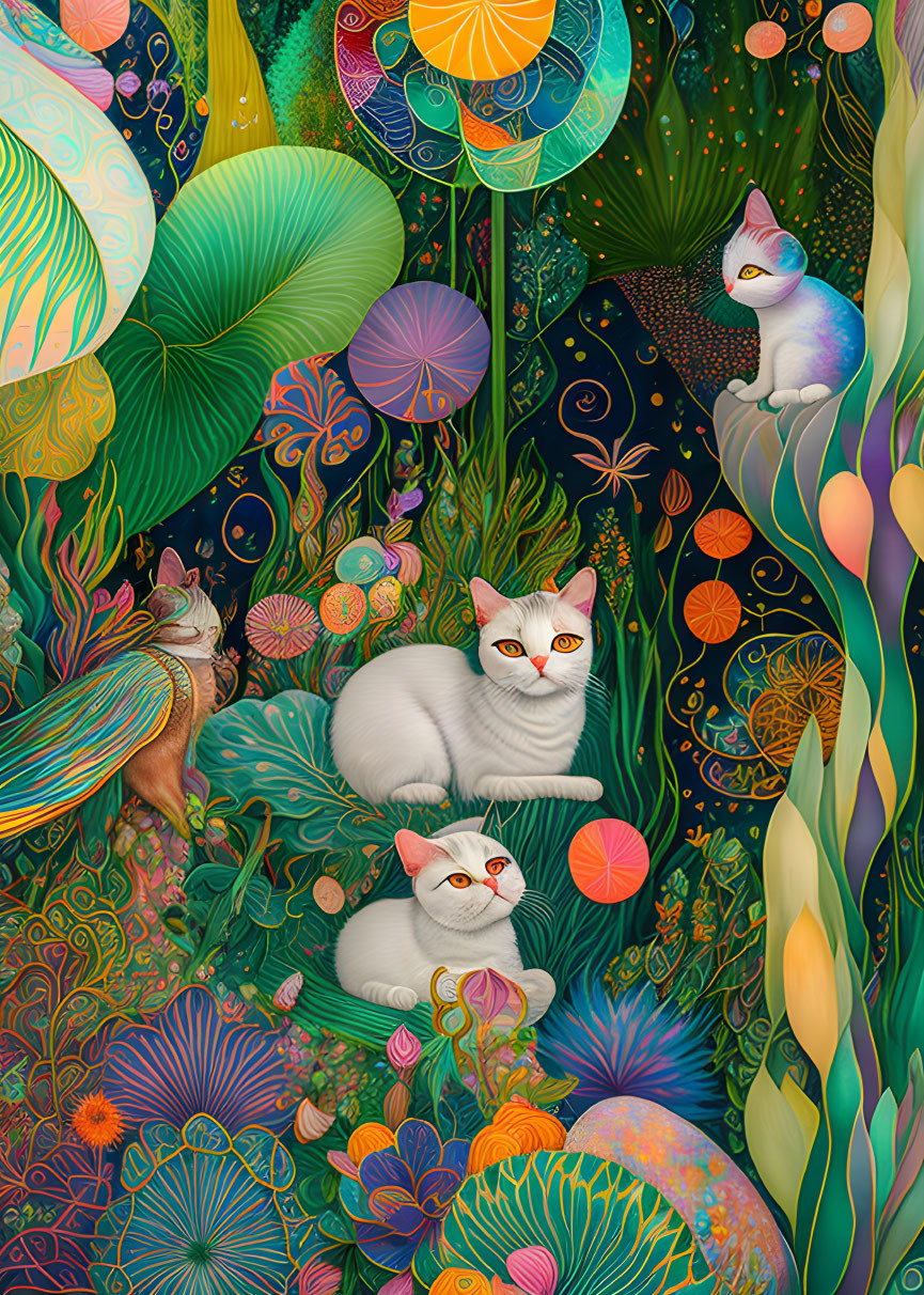 Colorful Underwater Scene with Stylized Cats and Sea Life