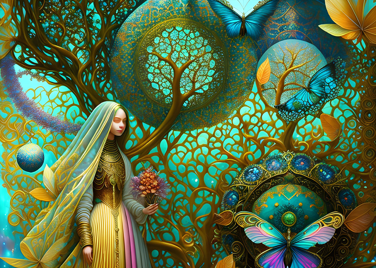 Surreal illustration of woman in golden dress among mystical forest elements