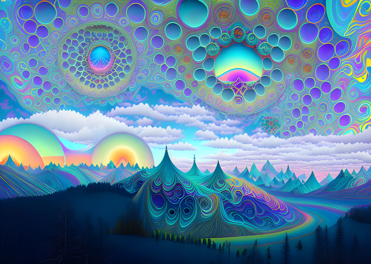 Colorful Psychedelic Landscape with Swirling Patterns and Fractal Skies