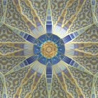 Symmetrical floral patterns in gold, blue, and turquoise on vaulted ceiling