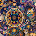 Colorful digital artwork: stylized bird, intricate patterns, floral and mandala motifs, whimsical