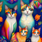 Colorful Stylized Cats Surrounded by Leaves and Flowers on Blue Background