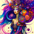 Colorful digital artwork of a woman with elaborate floral headdress