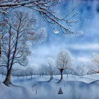 Whimsical winter scene with stylized trees and snowy grounds