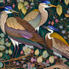 Herons Among Colorful Foliage and Delicate Flowers