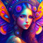 Fantastical woman with butterfly wings and vibrant flowers