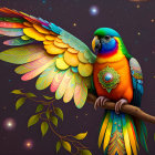 Colorful digital artwork: Fantastical bird perched on branch, intricate feathers, purple background.