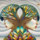 Symmetrical stylized faces with intricate patterns on celestial backdrop