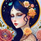 Stylized blue-skinned woman with golden halo, flowers, butterflies, and starry backdrop