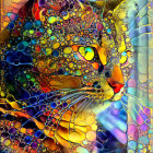 Colorful Psychedelic Cat Artwork with Yellow Eyes and Intricate Patterns