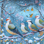 Stylized birds on snowy branches with falling snowflakes and colorful foliage on wintry blue backdrop