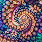 Colorful psychedelic artwork with intricate patterns, spiraling shape, stylized flowers.