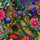 Colorful digital artwork: Peacock feathers and floral mosaic in blues, greens, and pinks