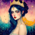 Fantasy Queen Art: Blue Hair, Gold Crown, Space Background