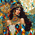 Colorful digital artwork of a woman with feather headdress and intricate beadwork on golden backdrop