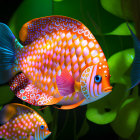 Colorful digitally created fish in neon-lit coral reef