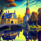 Colorful Castle and Surreal Landscape with Reflective River at Sunset