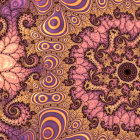 Fractal-inspired digital artwork with swirling tree motifs in purple, gold, and pink hues.