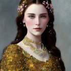 Woman with Floral Adornments in Gold Sequined Attire