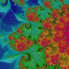 Colorful fractal image with intricate flower and peacock feather patterns