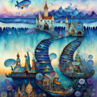 Surreal artwork featuring towers and spires connected by flowing staircase, set in cloudy sky