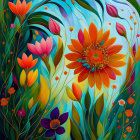 Colorful Floral Artwork with Orange Blossom on Teal Background
