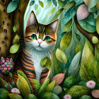 Stylized image: Two cats with human-like eyes in vibrant, intricate setting