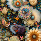 Colorful stained-glass style artwork: bird, flowers, ornate patterns in blue, gold,