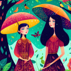 Stylized women with patterned umbrellas in colorful flora and fauna landscape