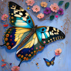 Colorful Butterfly Artwork with Flowers on Blue Background