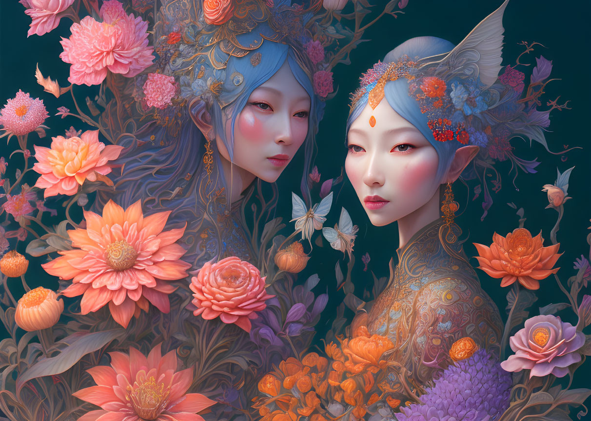 Ethereal beings among vibrant coral and pink flowers with intricate floral patterns