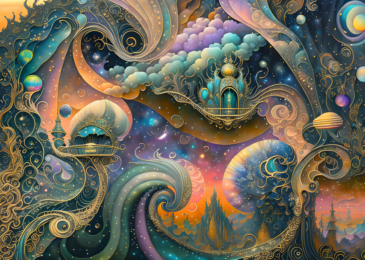 Colorful fantasy artwork: swirls, flower castle, celestial bodies, starry forest.