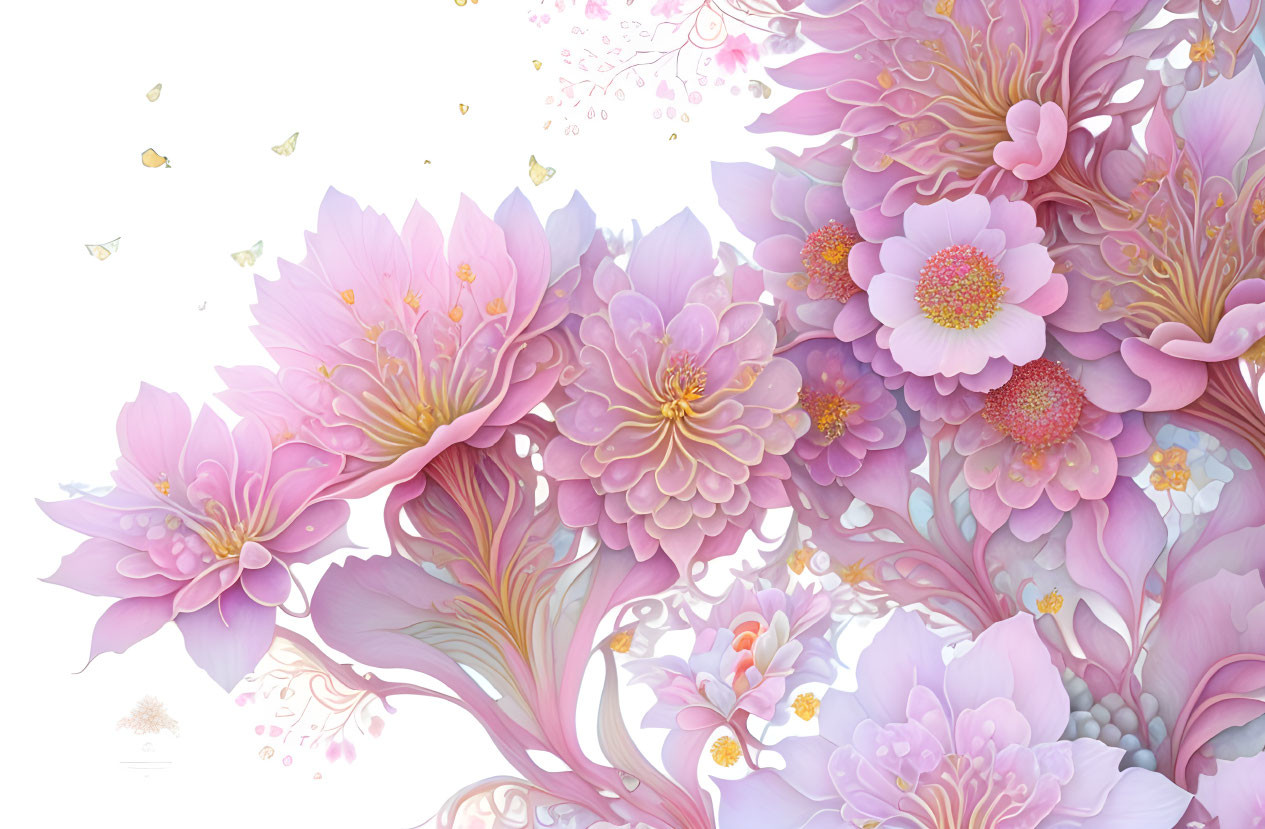 Pastel pink flowers and golden butterflies in serene illustration