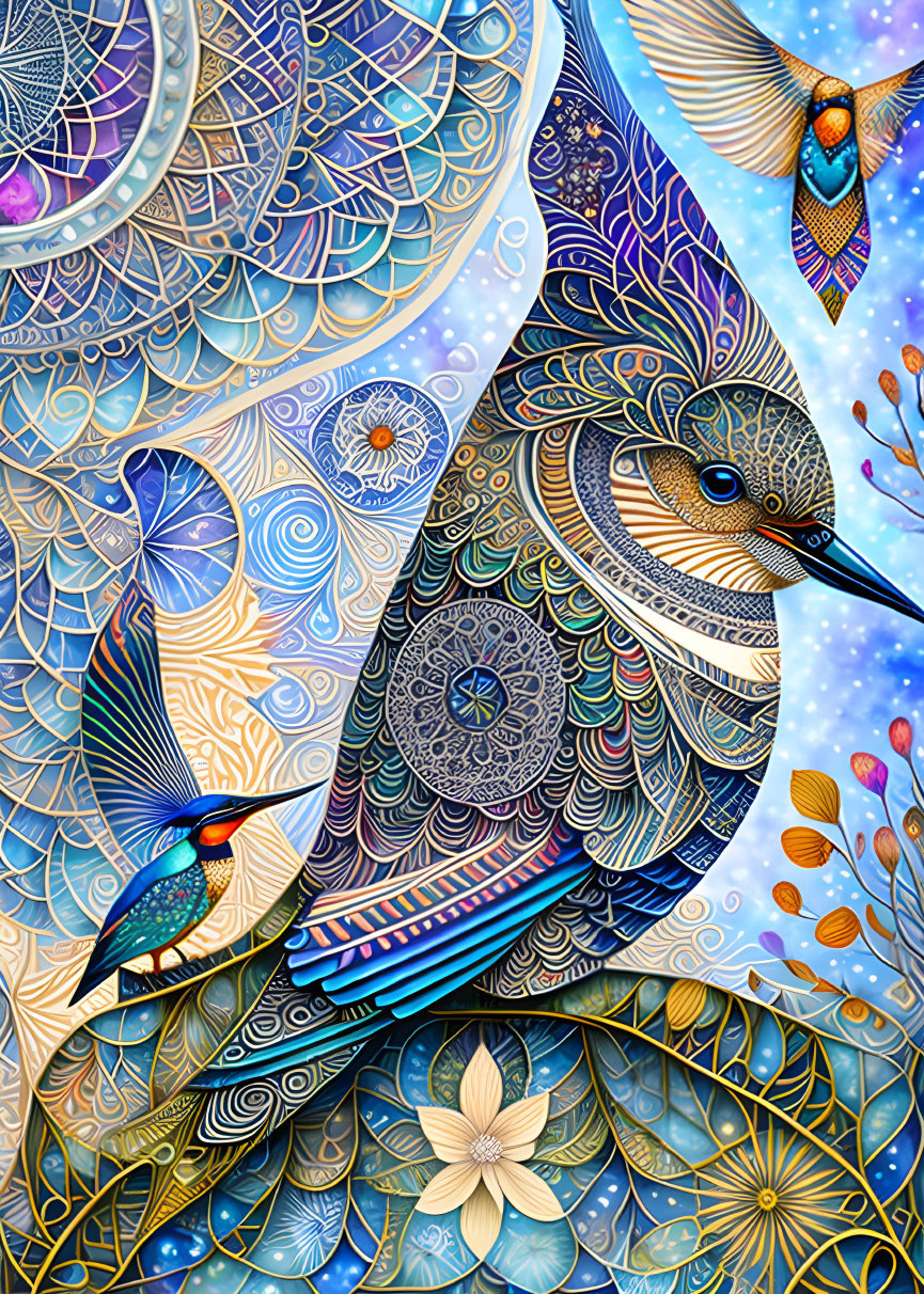 Vibrant bird artwork with intricate patterns on textured background