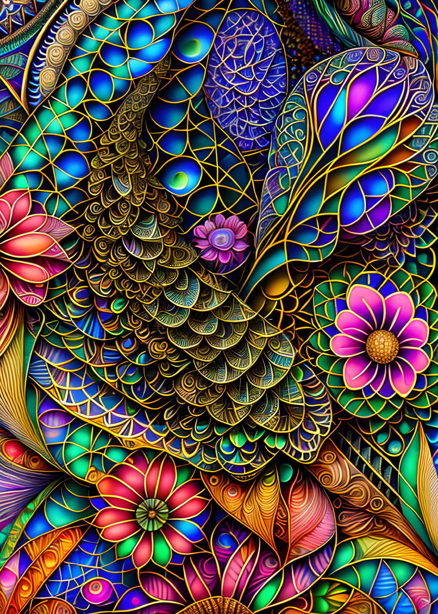 Colorful digital artwork: Peacock feathers and floral mosaic in blues, greens, and pinks