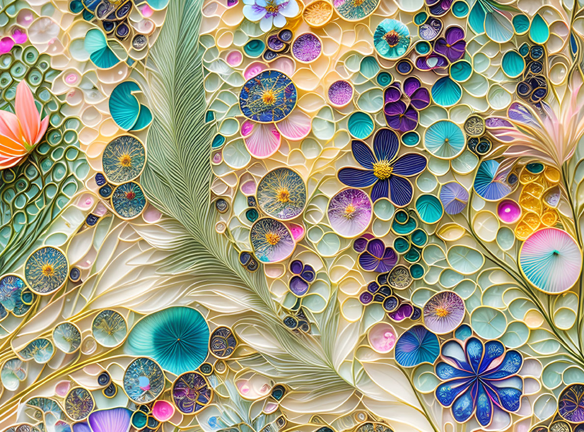 Colorful Floral and Leaf Mosaic Artwork with Rich Palette