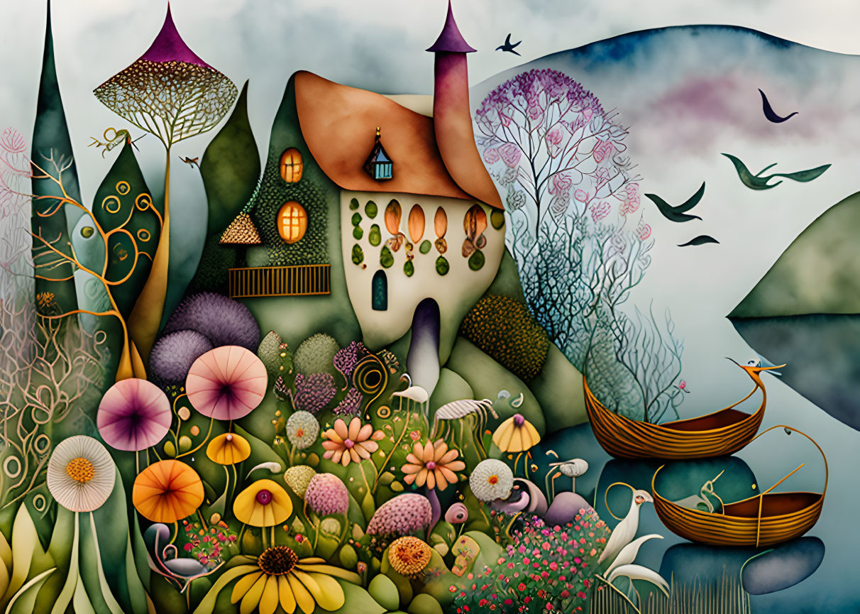 Colorful Fairy Tale House Surrounded by Plants, Flowers, and Birds