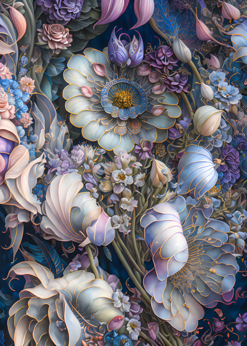 Detailed illustration of blue, purple, and cream blooming flowers.