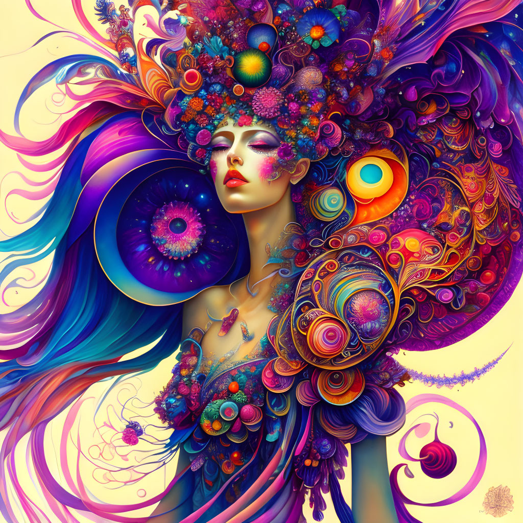 Colorful digital artwork of a woman with elaborate floral headdress