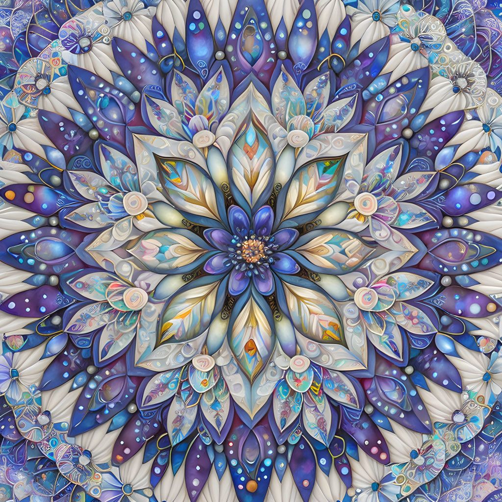 Symmetrical digital artwork: Vibrant mandala with jewel tones