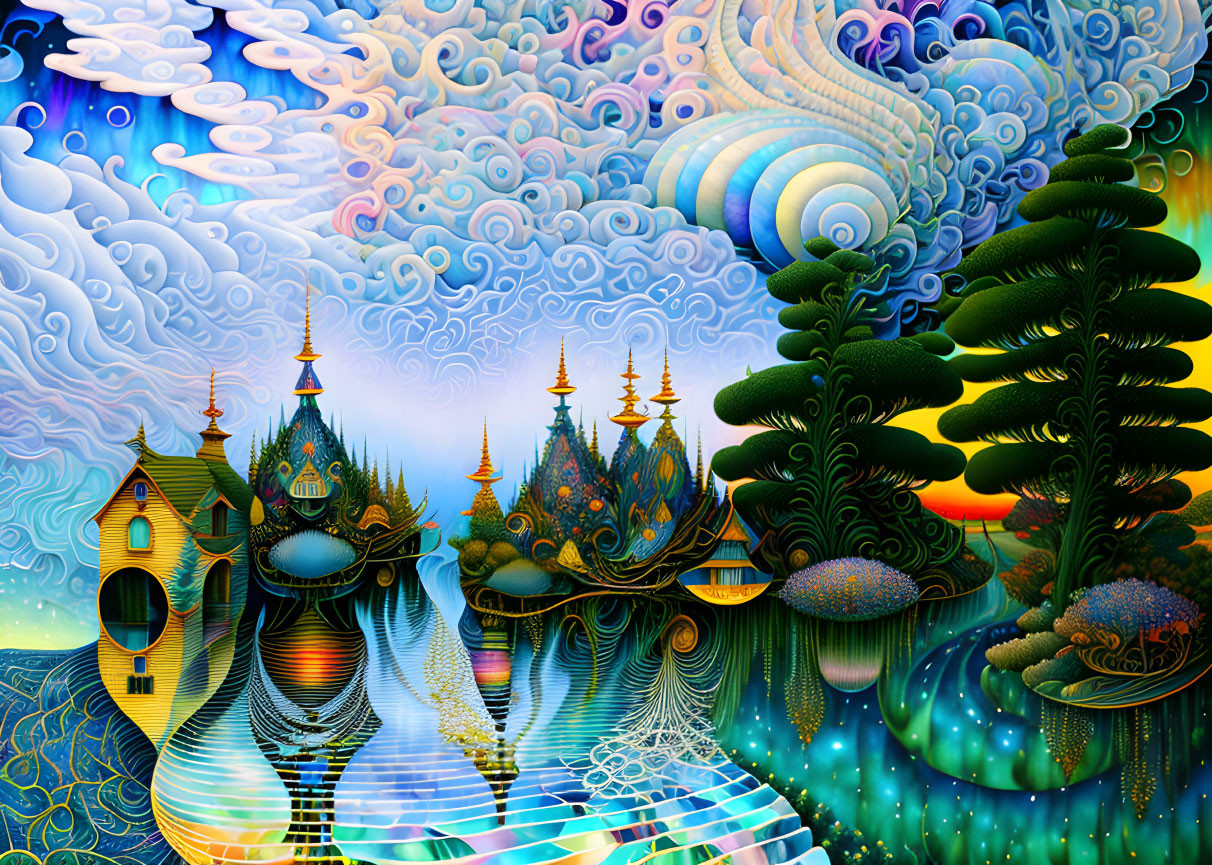 Colorful Psychedelic Architecture Illustration with Swirling Skies