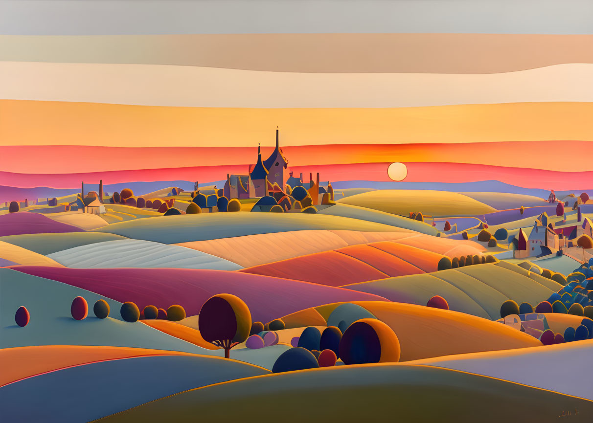 Stylized landscape painting with rolling hills, trees, castle, and sunset sky