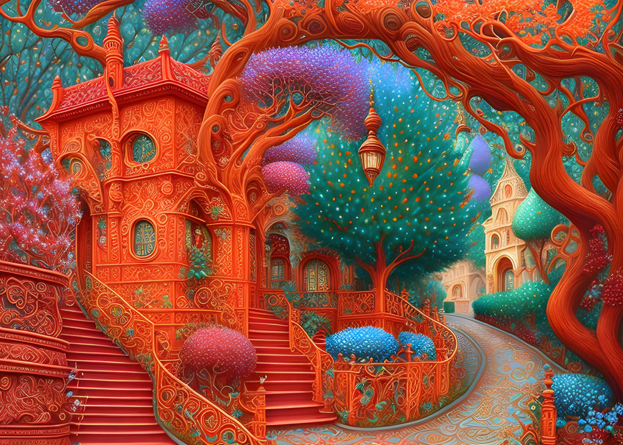 Colorful whimsical illustration: Ornate red house with vibrant foliage