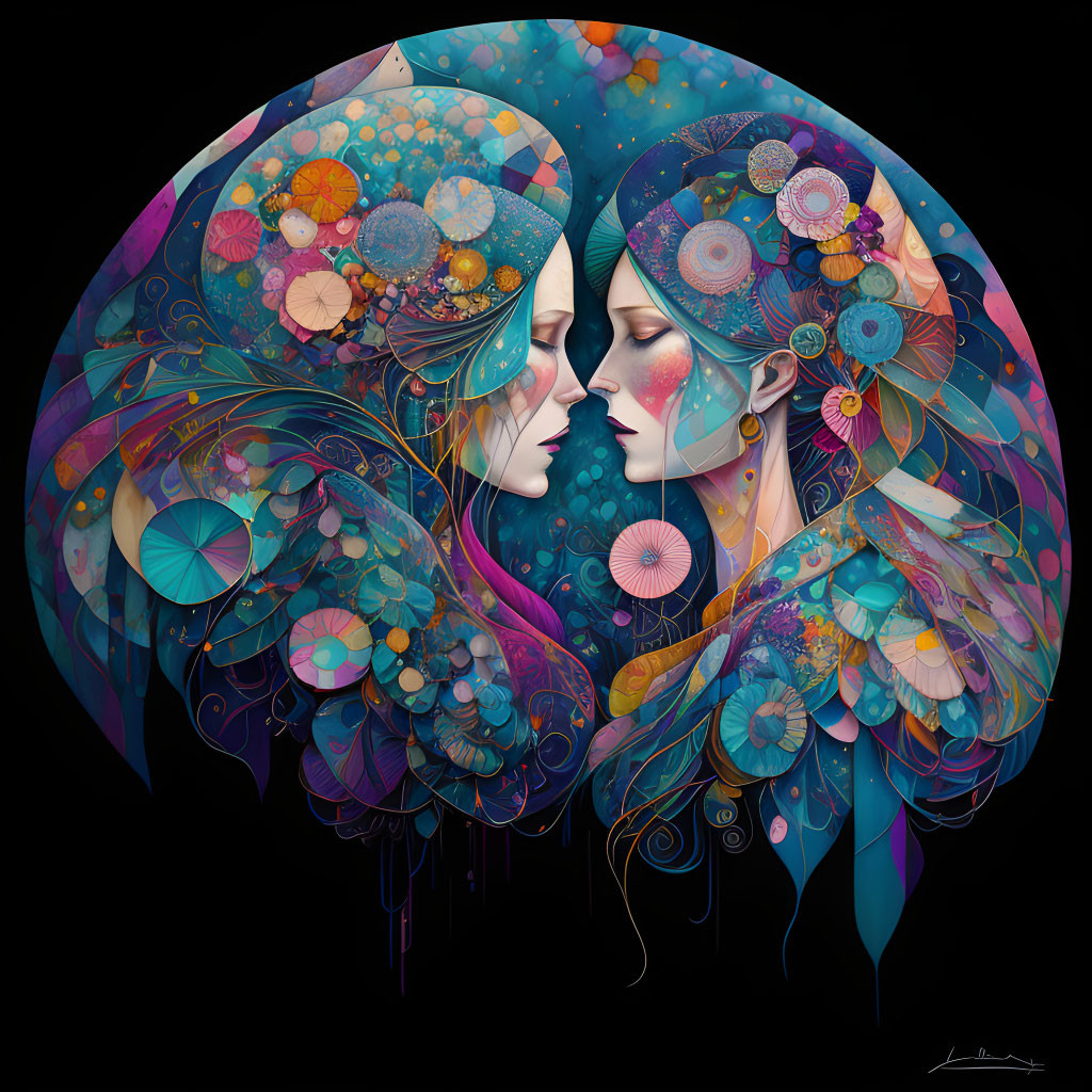 Colorful female figures with floral and geometric patterns on black background